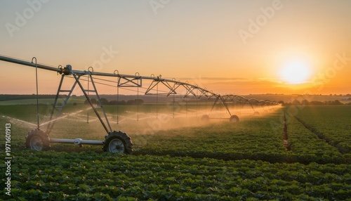 Center pivot irrigation system watering crop field under dramatic storm sky, modern agriculture and water management concept