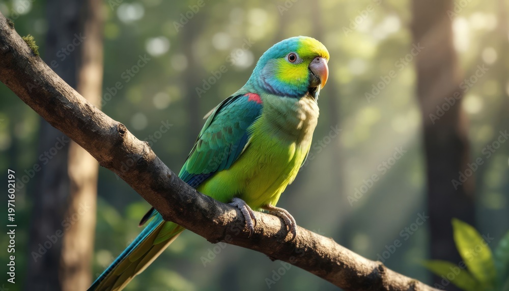 Obraz premium A vibrant green parrot perches on a branch in a sunlit forest. The parrot showcases its colorful feathers in the tranquil setting of the forest.