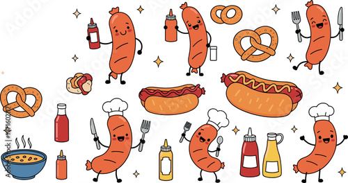 Funny cartoon sausages with pretzels and sauces vector set, cute food characters dancing and cooking, street food illustration isolated on white background