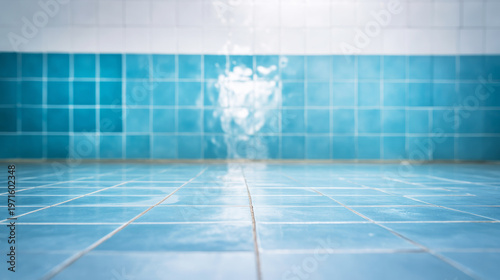 Clean blue square tiles creating a reflective background, hygienic surface for product displays