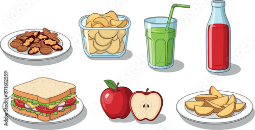 Healthy and unhealthy food vector set with sandwich, chips, nuts, juice and apple, balanced diet concept illustration isolated on white background