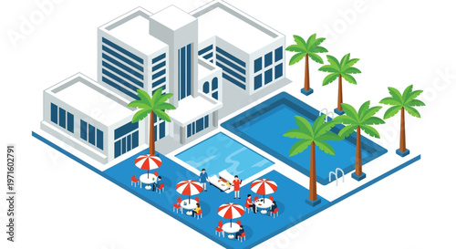 Isometric illustration of a modern hotel resort with a swimming pool