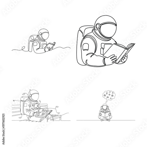 Astronaut reading in space a sketch of exploration and knowledge