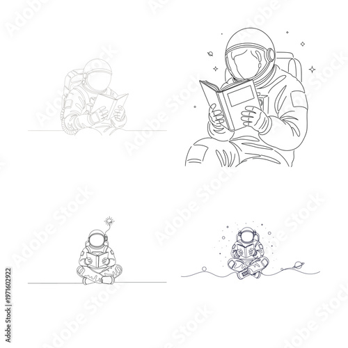 Four black and white sketches of astronauts in space suits