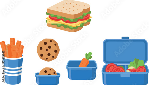 Lunchbox and snack vector set with sandwich, cookies, carrots and fresh vegetables, healthy school meal illustration isolated on white background