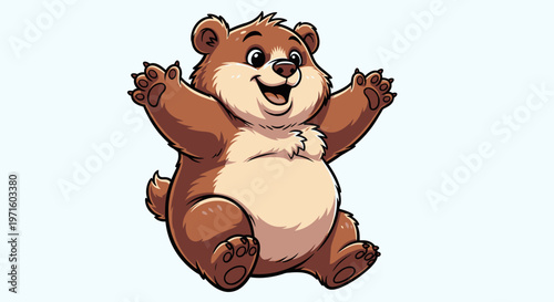 A cheerful and adorable cartoon brown bear cub sitting with arms wide open, smiling happily, ready for a hug.