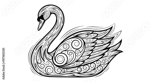 Intricate black and white line art illustration of a majestic swan adorned with elegant swirling patterns and decorative filigree details, a beautiful artistic design.