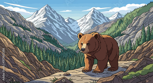 A brown bear walks along a rocky mountain path with snow-capped peaks and a pine forest valley in the background under a clear sky.