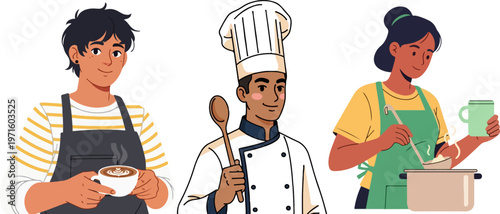 Professional culinary staff characters, diverse chef and barista vector set, restaurant workers in uniform, kitchen and cafe employees