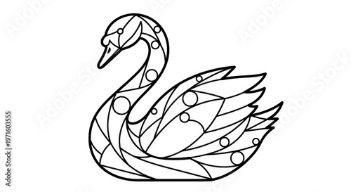 Geometric swan line art drawing with abstract patterns and circles, elegant black and white illustration.
