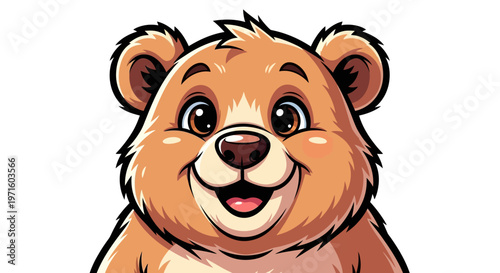 Close-up of a cute, friendly, smiling cartoon bear with brown fur and a happy expression.