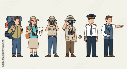 Travel and tourism character set, diverse people in vacation outfits and professional uniforms, hikers with backpacks and pilot in flat vector style