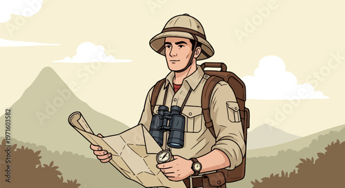 Vintage explorer man holding map in jungle landscape, retro adventurer with pith hat and binoculars, safari traveler vector illustration