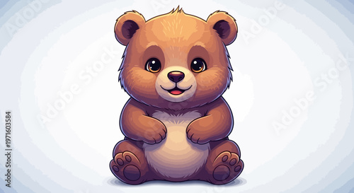 Adorable cartoon baby bear with big eyes and a sweet smile sitting on a light background, looking friendly and cuddly.