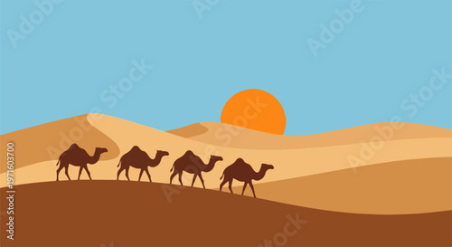 Desert landscape vector with camel caravan, sunset over sand dunes in Sahara wilderness, minimalist middle eastern travel background