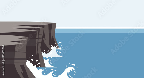 Coastal cliff landscape with crashing ocean waves, rocky sea shore vector illustration, blue water and stone bluff scenery for travel backgrounds