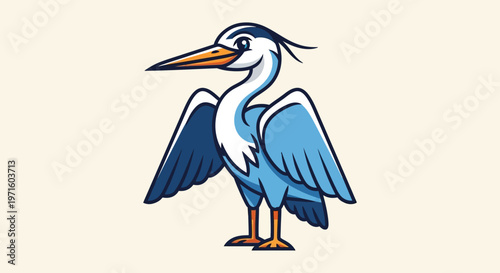 A cartoon illustration of a blue heron bird with a long beak and neck, standing with its wings slightly open, on a plain background.