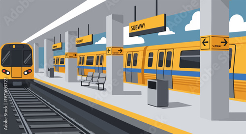 Modern subway station vector illustration, yellow commuter train on underground platform, urban public transport infrastructure with railway tracks