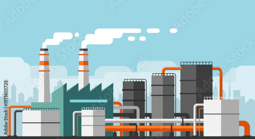 Industrial factory building with smoking chimneys in flat style, oil refinery plant with storage tanks and pipelines, manufacturing power station vector