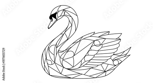 Geometric swan outline drawing in black and white, abstract polygonal bird design, elegant animal artwork.