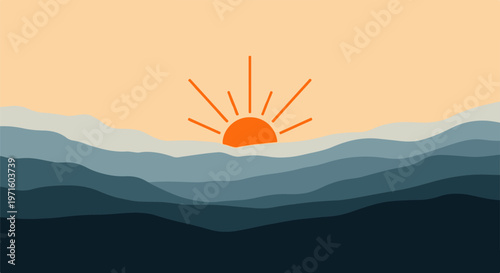 Minimalist mountain landscape with rising sun, abstract nature background in blue and orange, modern geometric sunset vector illustration