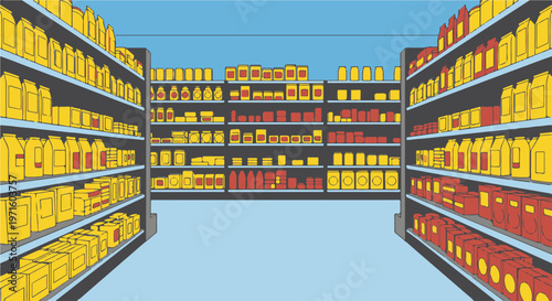 Supermarket aisle vector illustration, grocery store shelves with food products, retail shop interior background with yellow and red packaging