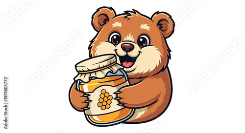 A cute, happy cartoon bear holding a large jar of golden honey with a honeycomb label, smiling cheerfully.