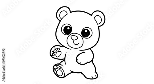 Cute cartoon teddy bear outline drawing on a white background, standing with big eyes and a friendly expression, perfect for coloring pages.