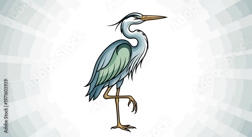 A detailed cartoon illustration of a grey heron bird standing gracefully on one leg with a long beak and a crest, set against a subtle radial background.