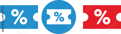 discount coupon icon set – flat vector percentage sale and ticket symbols in blue and red circle styles for retail, ecommerce and promotional design
