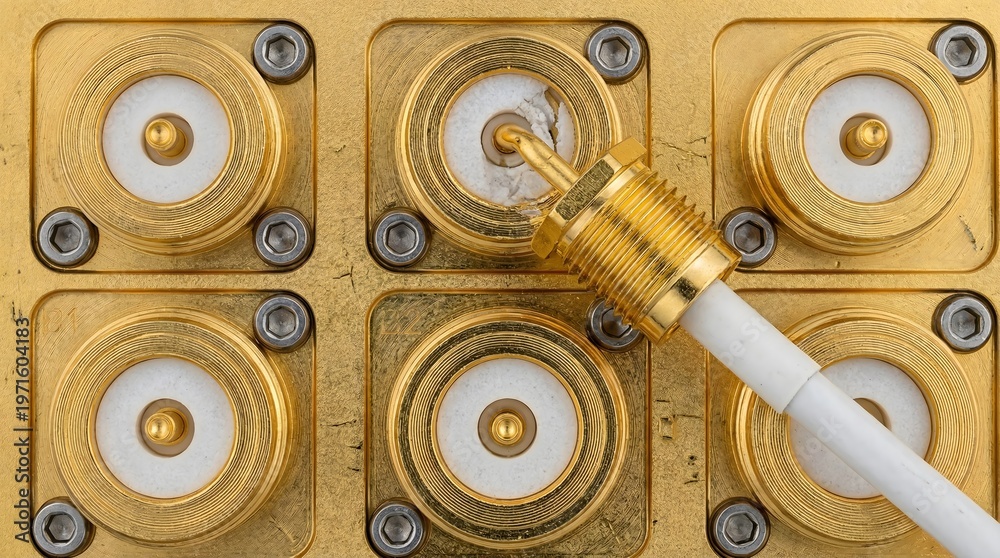 Fototapeta premium Close-up shot of connectors and cables, technology concept dilution refrigerator, cryostat, cryogenic hardware, quantum cooling system, millikelvin background, copy space