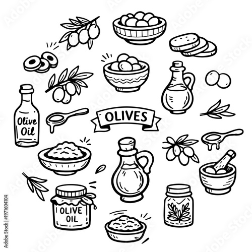 Hand drawn doodles olive branches and individual olives. Olive tree branches, oil packaging.
