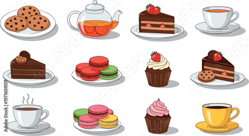 Tea time desserts vector set with cakes, cupcakes, macarons and cookies, colorful sweet food illustration collection isolated on white background