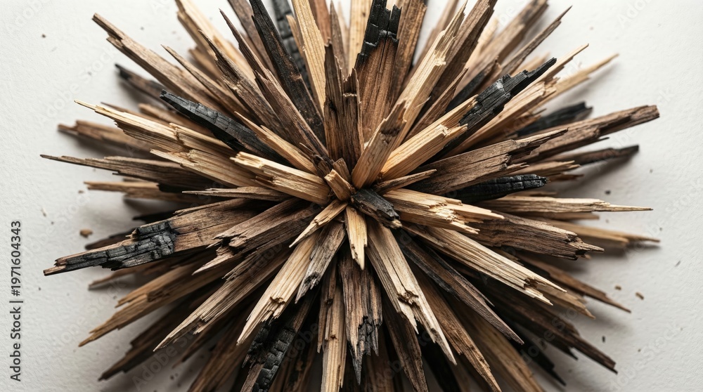 Obraz premium Close-up macro view of a spiky, starburst-shaped constructed from weathered, burnt wood fragments creating a rustic and textured abstract form