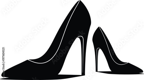 A striking black and white illustration depicts a pair of elegant high heeled shoes one facing forward and one angled high quality professional