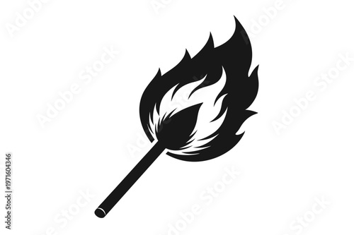 burning match in a fire silhouette line art vector illustration
