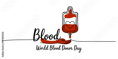 A continuous line drawing depicting a blood donation bag with a heart to celebrate blood donor day Vector, illustration