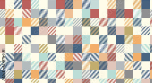 Abstract tiled background of pastel hues and striped features.