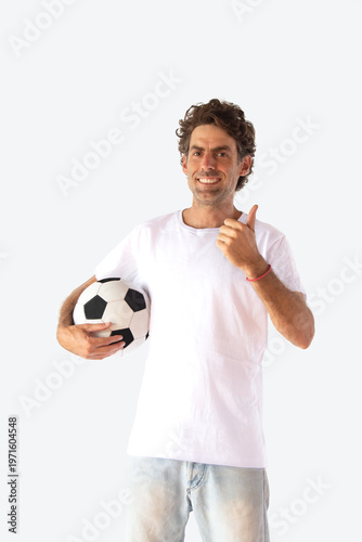 Man with a soccer ball and a white t-shirt with space to write