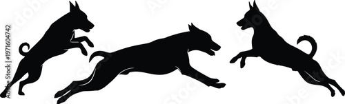 Three black silhouettes of energetic dogs are captured in mid leap showcasing playful movement and dynamic poses against a white background high quality
