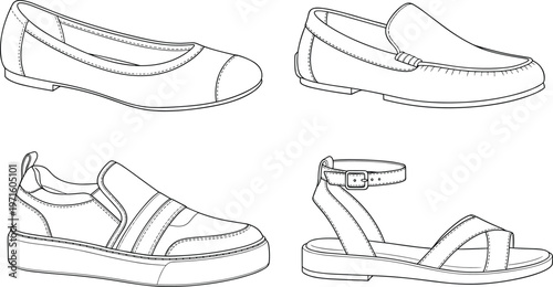 A technical illustration displays four distinct shoe designs a ballet flat loafer slip on sneaker and strappy sandal high quality professional detailed modern
