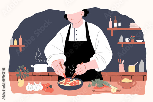 Chef Crafting Authentic Local Cuisine in Rustic Kitchen