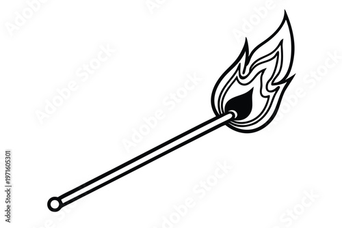 burning match in a fire silhouette line art vector illustration
