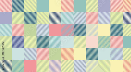 Decorative grid of soft colors and slanted stripes creating a lively visual rhythm.