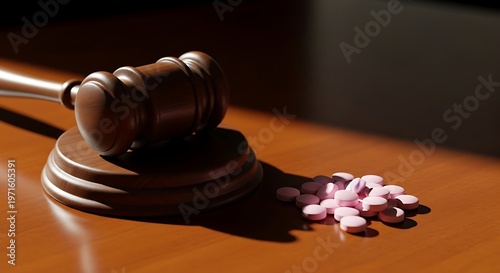 Gavel and Pills - Justice and Pharmaceuticals in Dramatic Light.