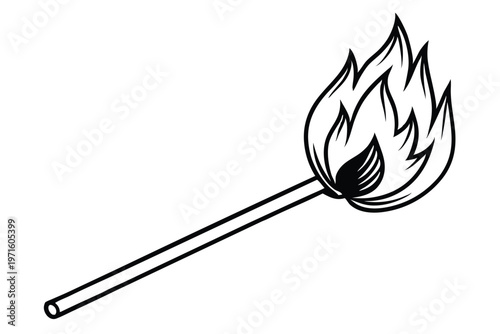 burning match in a fire silhouette line art vector illustration