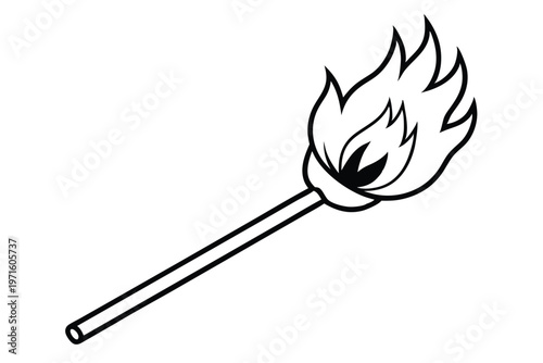 burning match in a fire silhouette line art vector illustration