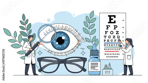 Ophthalmology and eye health concept featuring doctors examining a large human eye near an eye chart and glasses.