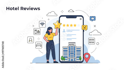 Hotel reviews and booking concept with a woman using a smartphone to rate accommodation services with stars and icons.
