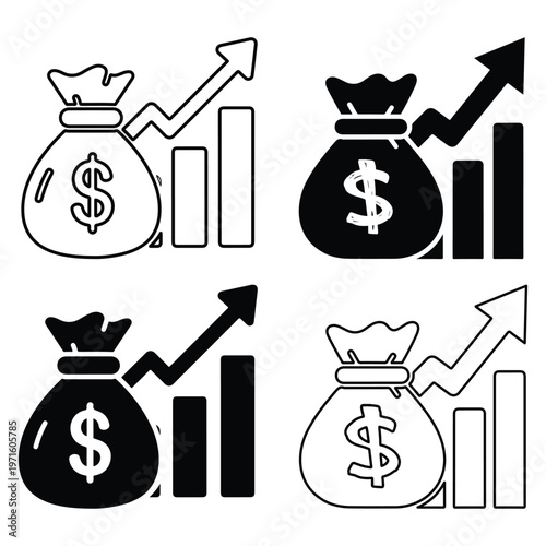 Financial growth and investment icons bags of money and rising charts
